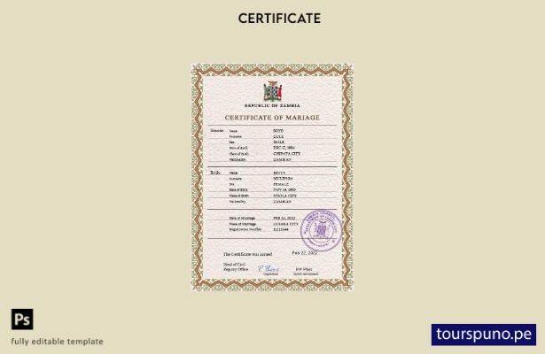 Plantilla PSD de certificado de matrimonio de Zambia lista para imprimir